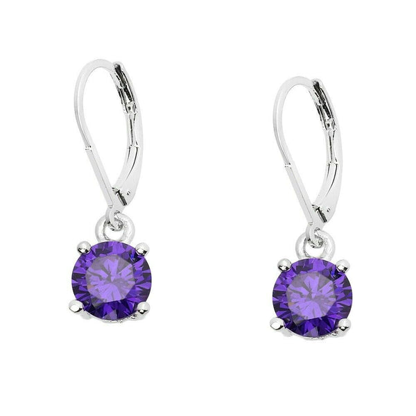 CZ Earrings 8mm Small Dainty Drop Leverback Cubic Zirconia SILVER PURPLE Jewelry - PalmTreeSky