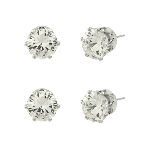 CZ Studs SET of 2 Crystal Earrings Post Cubic Zirconia Crystal SILVER CLEAR 10mm - PalmTreeSky