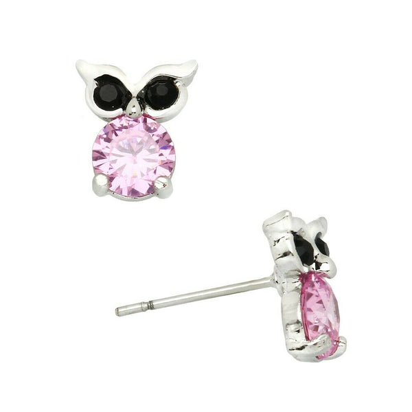 Owl Earrings Tree Small Stud Post Charm CZ Cubic Zirconia Crystal SILVER PINK - PalmTreeSky