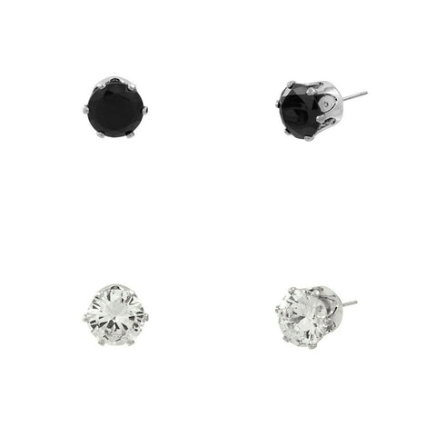 CZ Studs SET of 2 Crystal Earrings Post Cubic Zirconia Crystal SILVER BLACK 6mm - PalmTreeSky