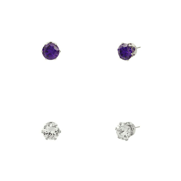 CZ Studs SET of 2 Crystal Earrings Post Cubic Zirconia Crystal SILVER PURP 4mm - PalmTreeSky