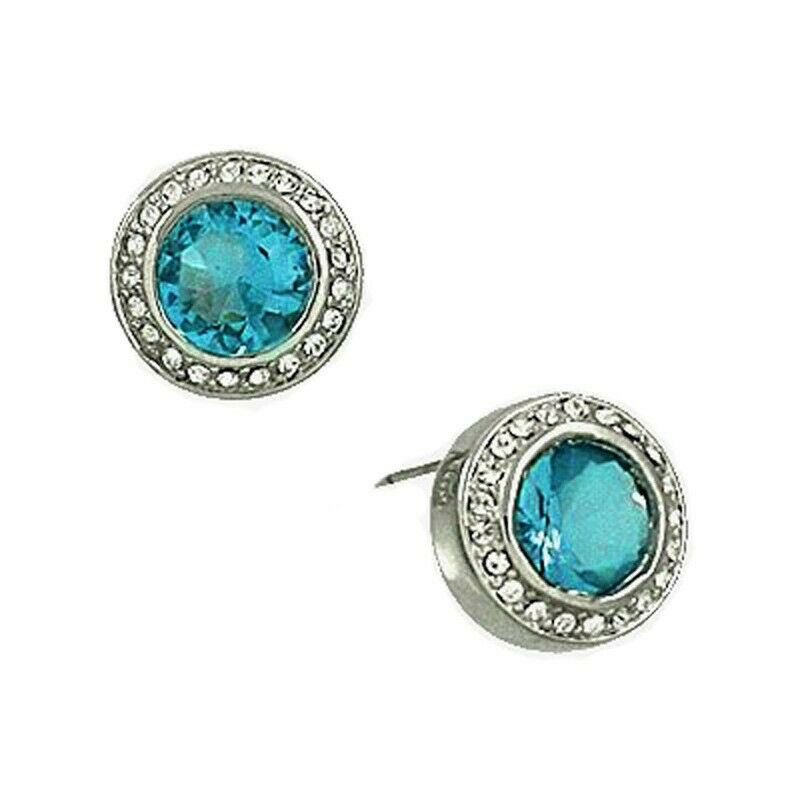 CZ Earrings Round Cubic Zirconia 1.5cm Stud Post Rhinestone SILVER AQUA Jewelry - PalmTreeSky