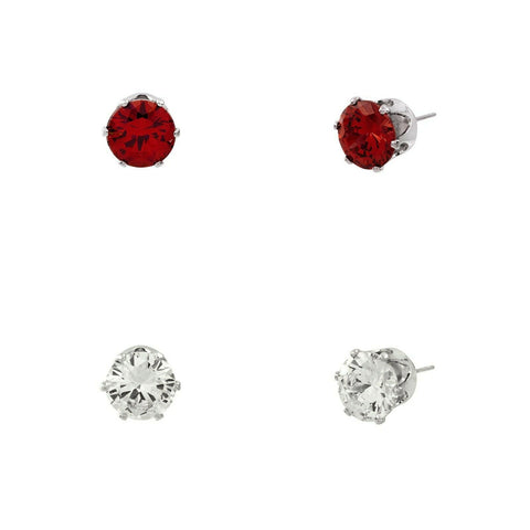 CZ Studs SET of 2 Crystal Earrings Post Cubic Zirconia Crystal SILVER RED 6mm - PalmTreeSky