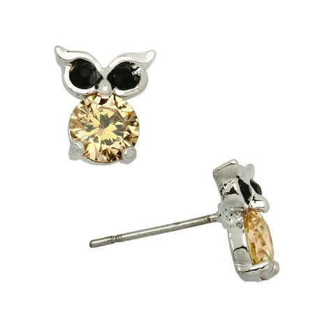 Owl Earrings Tree Small Stud Post Charm CZ Cubic Zirconia Crystal SILVER TOPAZ - PalmTreeSky