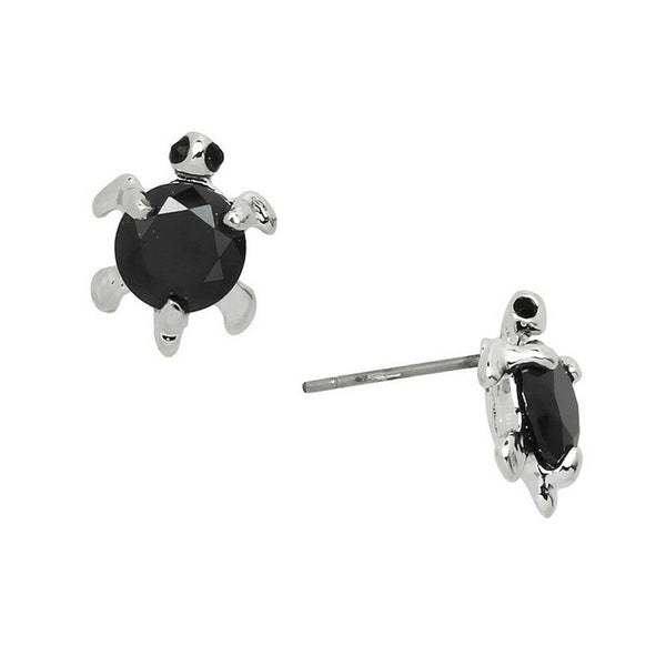 Turtle Earrings Small Stud Post Charm CZ Cubic Zirconia Crystal SILVER BLACK - PalmTreeSky