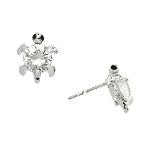 Turtle Earrings Small Stud Post Charm CZ Cubic Zirconia Crystal SILVER CLEAR - PalmTreeSky