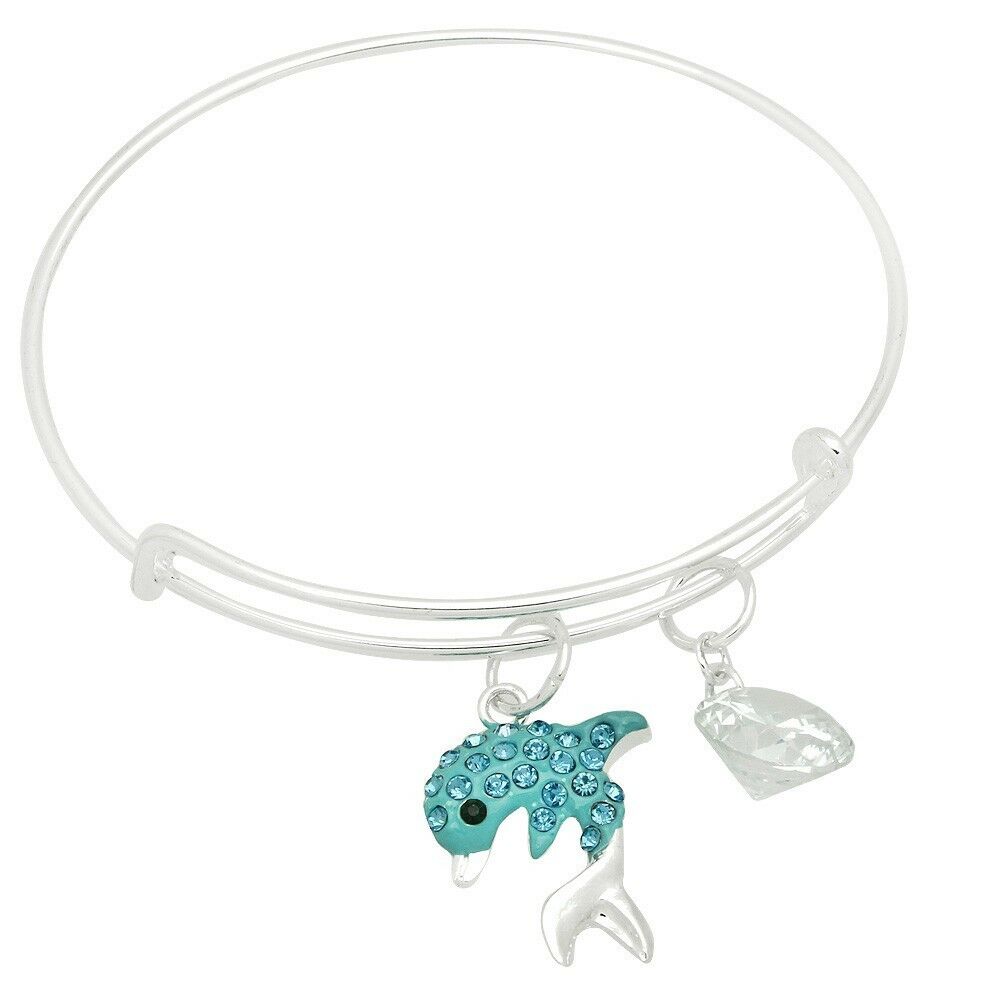 Dolphin Bracelet Adjustable Bangle Crystal Charm Sea Life Starfish Silver Turq - PalmTreeSky