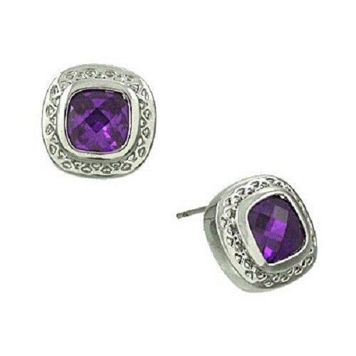 CZ Earrings 13mm Cubic Zirconia Square Stud Post Classic SILVER PURPLE Jewelry - PalmTreeSky