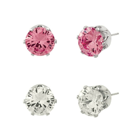 CZ Studs SET of 2 Crystal Earrings Post Cubic Zirconia Crystal SILVER PINK 10mm - PalmTreeSky