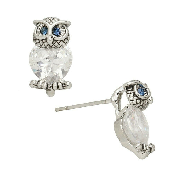 Owl Earrings CZ Stud Post Cubic Zirconia Crystal SILVER CLEAR BLUE Eyes Jewelry - PalmTreeSky