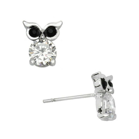 Owl Earrings Tree Small Stud Post Charm CZ Cubic Zirconia Crystal SILVER CLEAR - PalmTreeSky