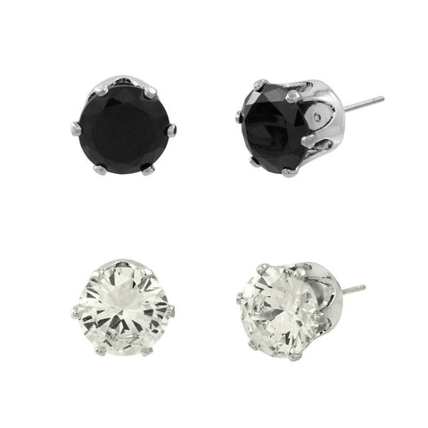 CZ Studs SET of 2 Crystal Earrings Post Cubic Zirconia Crystal SILVER BLACK 10mm - PalmTreeSky