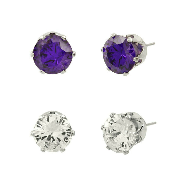 CZ Studs SET of 2 Crystal Earrings Post Cubic Zirconia Crystal SILVER PURP 10mm - PalmTreeSky