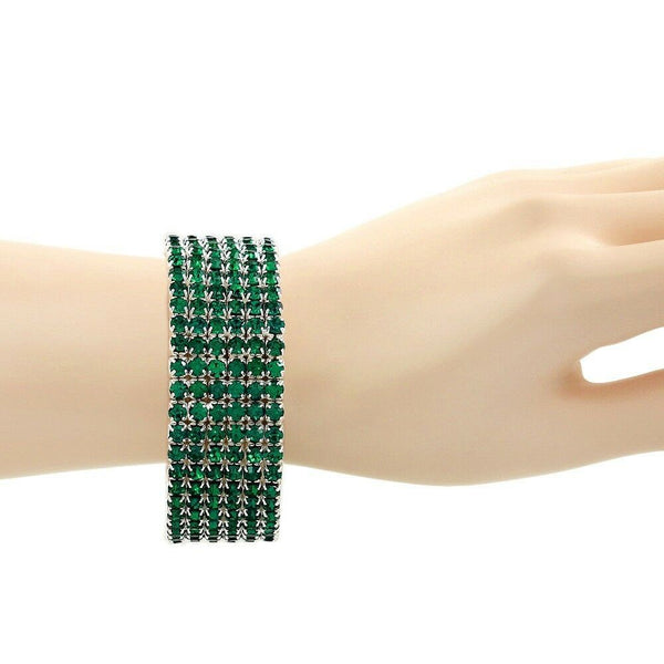 Rhinestone Bracelet Stretch Bangle 6 Row Crystal Pave Evening Event Dress DK GRN - PalmTreeSky