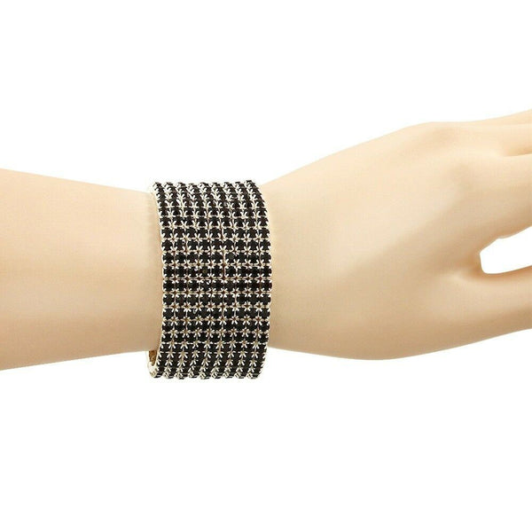 Rhinestone Bracelet Stretch Bangle 9 Row Crystal Pave Evening Event Dress BLACK - PalmTreeSky