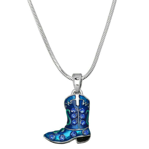 Cowboy Boot Necklace Crystal Rhinestone Country Farm Charm Pendant SILVER BLUE - PalmTreeSky