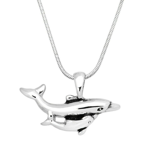 Dolphin Necklace Mom Baby Calf Silver Ocean Metal Beach Sea Life Sand Waves - PalmTreeSky