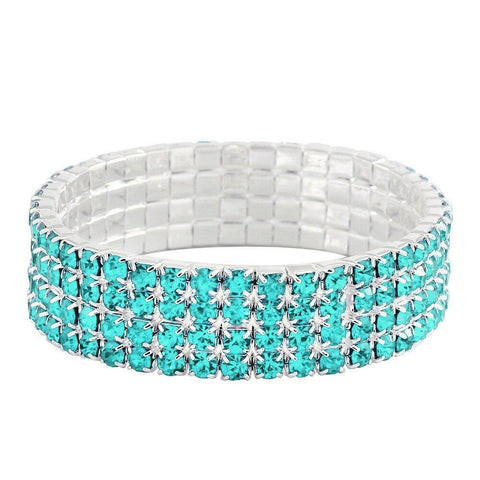 Rhinestone Bracelet Stretch Bangle 4 Row Crystal Pave Evening Event Dress AQUA - PalmTreeSky