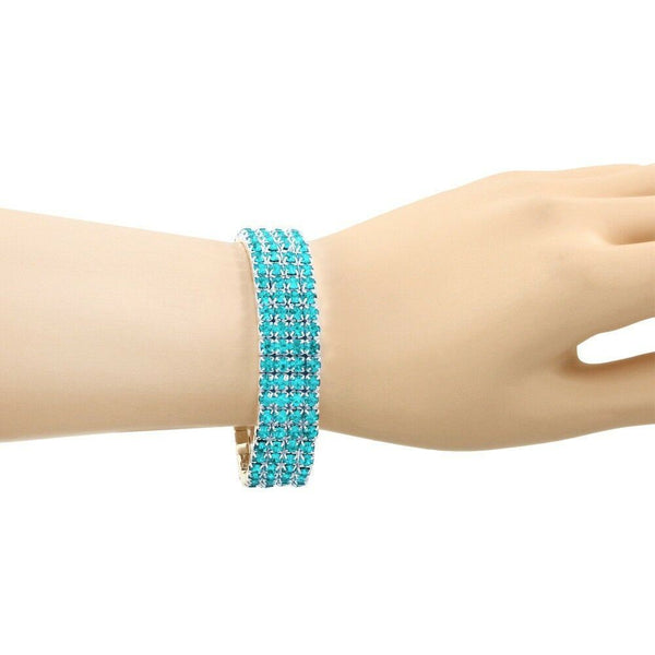 Rhinestone Bracelet Stretch Bangle 4 Row Crystal Pave Evening Event Dress AQUA - PalmTreeSky