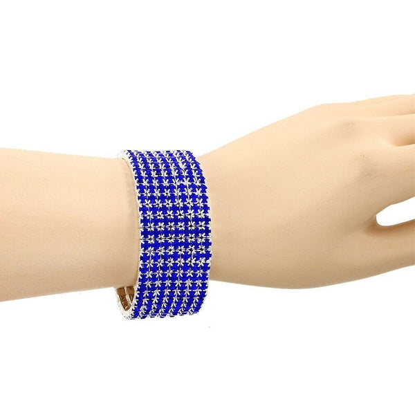 Rhinestone Bracelet Stretch Bangle 7 Row Crystal Pave Evening Event Dress B BLUE - PalmTreeSky