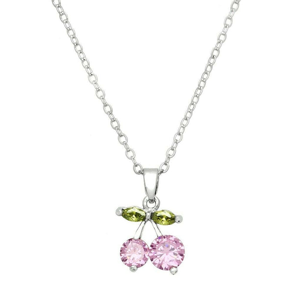 Cherry Necklace Cherries Pendant Charm CZ Cubic Zirconia Crystal SILVER PINK - PalmTreeSky