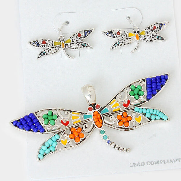 Dragonfly Necklace SET Pendant Earring Filigree MULTI Color Bead SILVER Jewelry - PalmTreeSky