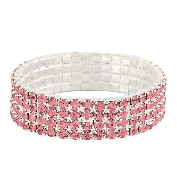 Rhinestone Bracelet Stretch Bangle 4 Row Crystal Pave Evening Event Dress PINK - PalmTreeSky