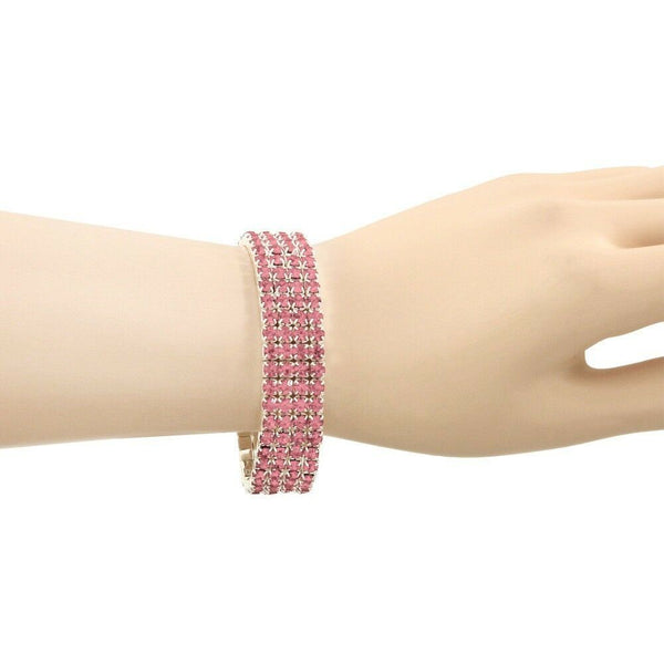 Rhinestone Bracelet Stretch Bangle 4 Row Crystal Pave Evening Event Dress PINK - PalmTreeSky