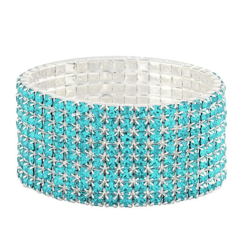 Rhinestone Bracelet Stretch Bangle 8 Row Crystal Pave Evening Event Dress AQUA - PalmTreeSky