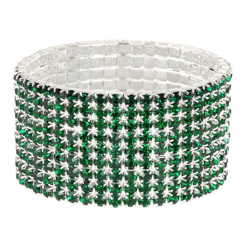Rhinestone Bracelet Stretch Bangle 9 Row Crystal Pave Evening Event Dress DK GRN - PalmTreeSky