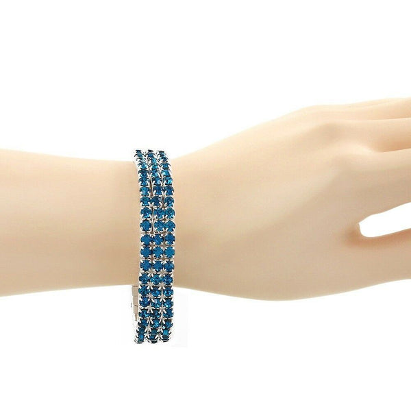 Rhinestone Bracelet Stretch Bangle 3 Row Crystal Pave Evening Event Dress BLUE - PalmTreeSky