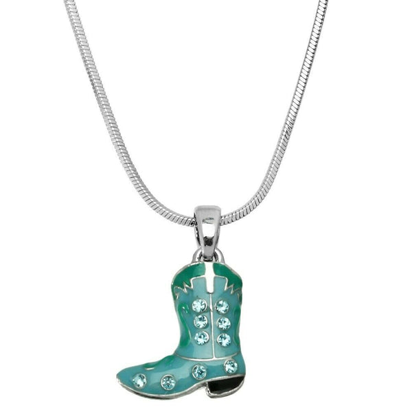 Cowboy Boot Necklace Crystal Rhinestone Country Farm Charm Pendant SILVER AQUA - PalmTreeSky