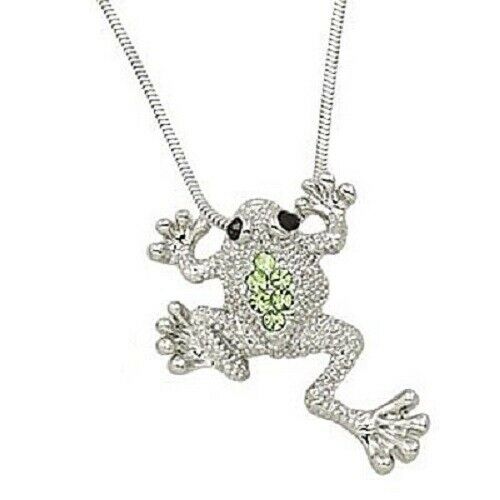 Frog Necklace Crystal Rhinestones Sea Animal 1" Charm Pendant Leap SILVER GREEN - PalmTreeSky