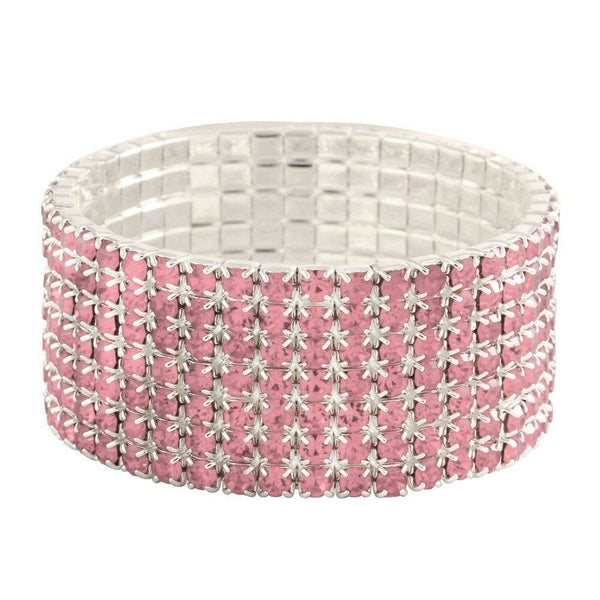 Rhinestone Bracelet Stretch Bangle 7 Row Crystal Pave Evening Event Dress PINK - PalmTreeSky