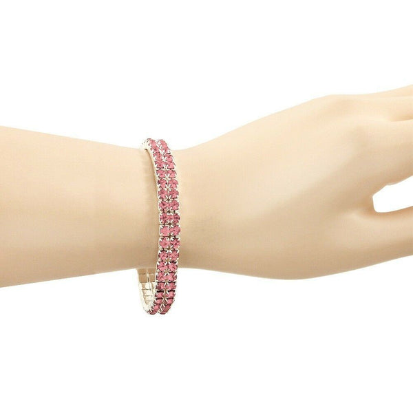 Rhinestone Bracelet Stretch Bangle 2 Row Crystal Pave Evening Event Dress PINK - PalmTreeSky