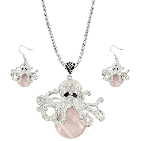 Octopus Necklace Set Chunky Statement Textured Metal Pink Stone Silver Sea Life - PalmTreeSky