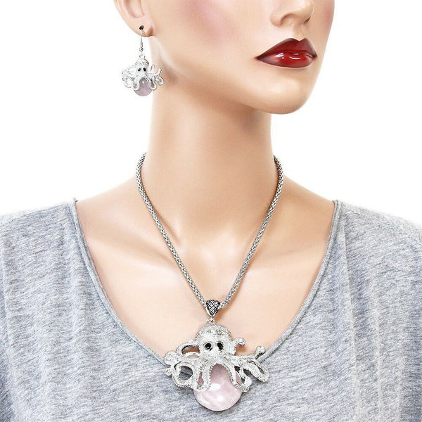 Octopus Necklace Set Chunky Statement Textured Metal Pink Stone Silver Sea Life - PalmTreeSky