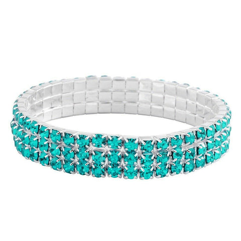 Rhinestone Bracelet Stretch Bangle 3 Row Crystal Pave Evening Event Dress AQUA - PalmTreeSky