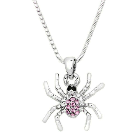 Halloween Jewelry Spider Necklace Small Charm Pave Rhinestone Costume SILVER PNK - PalmTreeSky