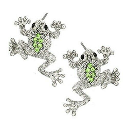 Frog Earrings Crystal Rhinestones Sea Animal 1" Stud Post Leap SILVER GREEN - PalmTreeSky