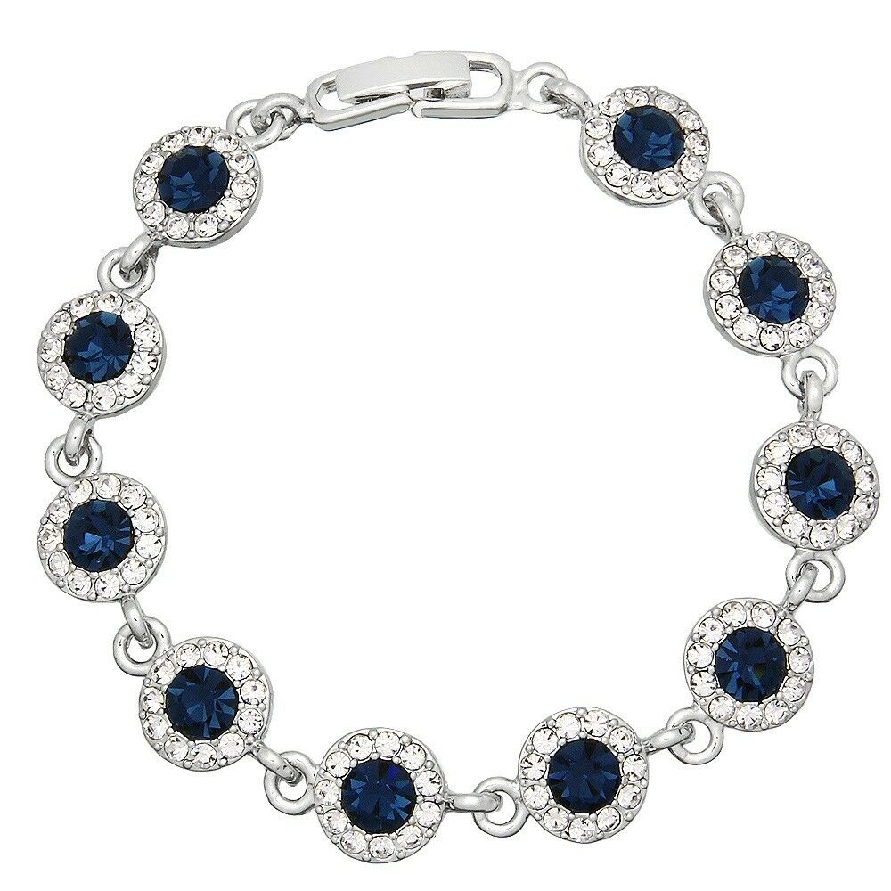 Crystal Bracelet Circle Pave Rhinestones Chain Link Clasp 7"L Dark Blue Evening - PalmTreeSky