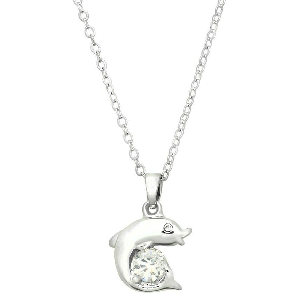 Dolphin Necklace Plain Silver Metal Clear Crystal Stone Beach Sea Life Gift - PalmTreeSky