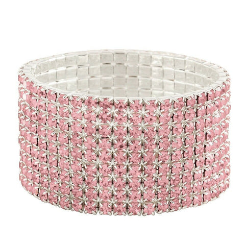 Rhinestone Bracelet Stretch Bangle 9 Row Crystal Pave Evening Event Dress PINK - PalmTreeSky