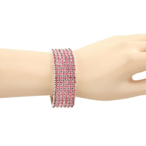 Rhinestone Bracelet Stretch Bangle 6 Row Crystal Pave Evening Event Dress PINK - PalmTreeSky