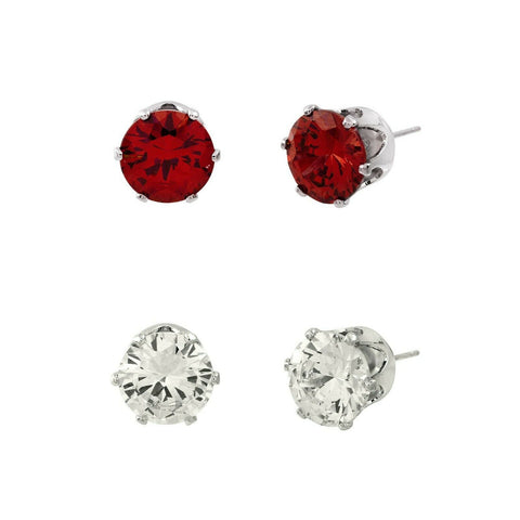 CZ Studs SET of 2 Crystal Earrings Post Cubic Zirconia Crystal SILVER RED 8mm - PalmTreeSky