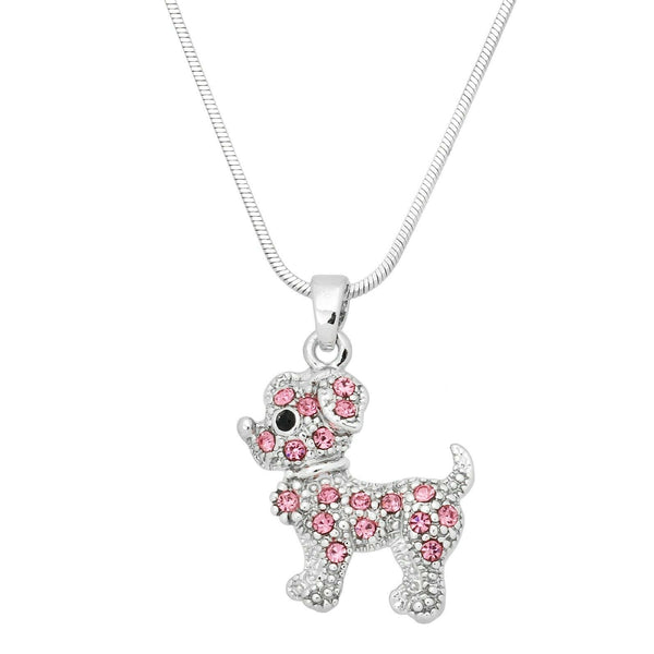 Dog Charm Necklace Pet Doggie Animal Friend Tail Crystal Rhinestones SILVER PINK - PalmTreeSky