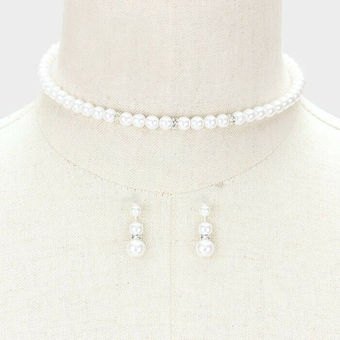 Pearl Choker Necklace Earrings SET Pave Rhinestone Bead Classic Elegant WHITE - PalmTreeSky