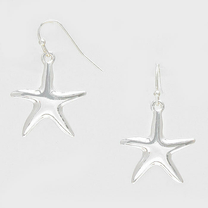 Starfish Earrings Plain Metal SILVER Small .75" Drop Dangle Sea Life Jewelry - PalmTreeSky