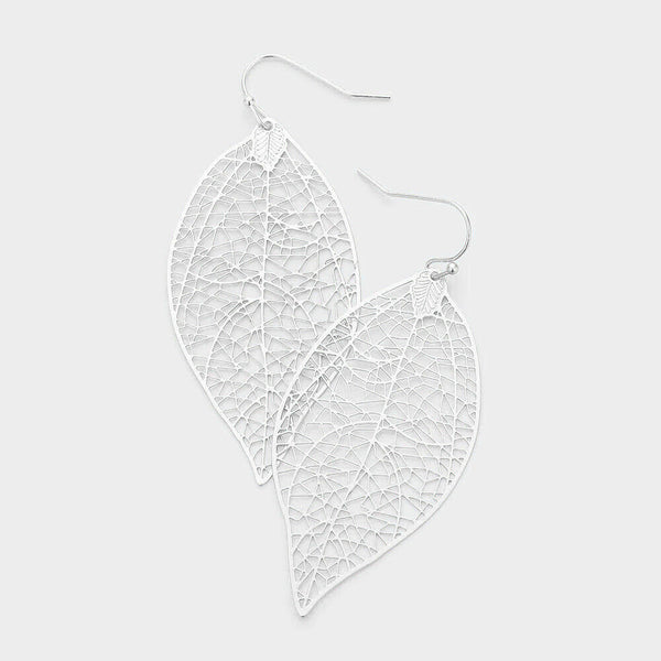 Leaf Earrings Cut Out Filigree MATTE SILVER 2.6" Drop Lightweight Boho Vintage - PalmTreeSky