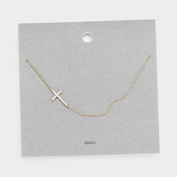 Side Cross Necklace Choker CZ Cubic Zirconia Delicate Dainty Love Religious GOLD - PalmTreeSky